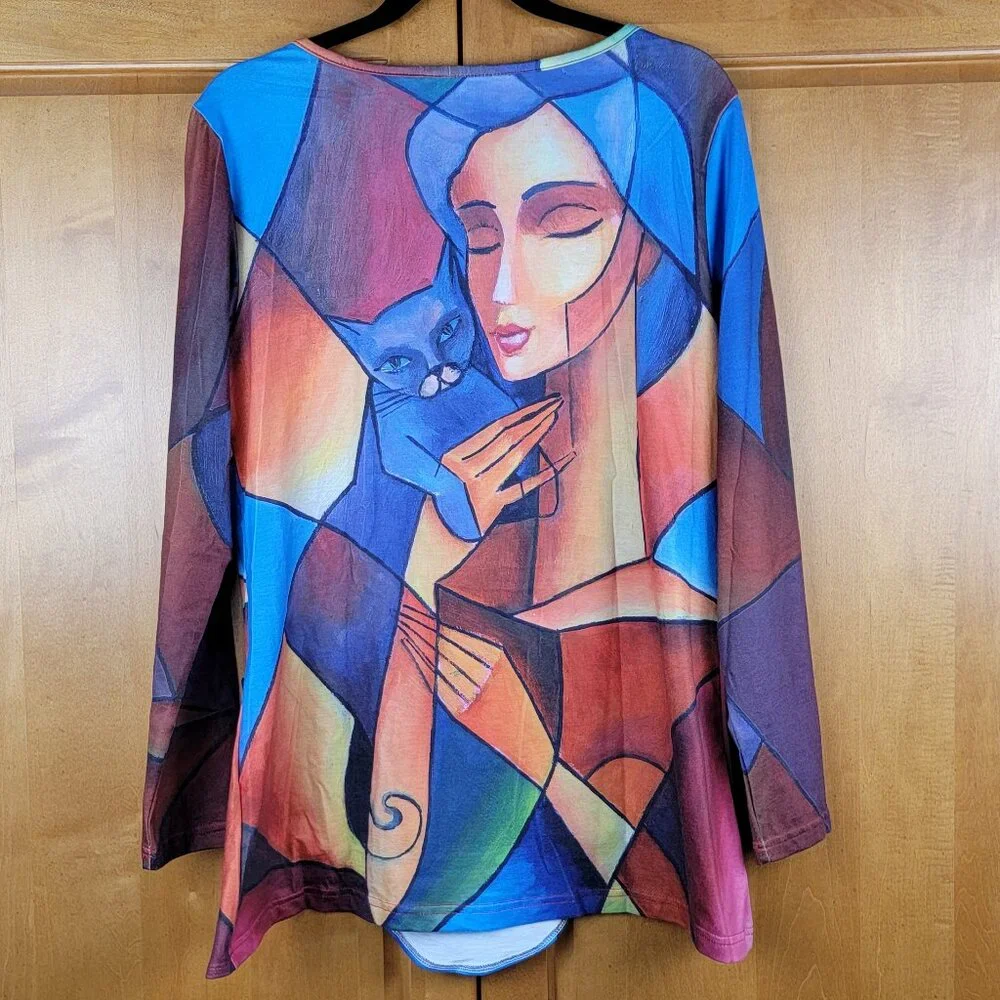 Casual Tunic Top with Abstract Cat Print Long Sleeves Zipper Closure - S - Picture 3 of 8